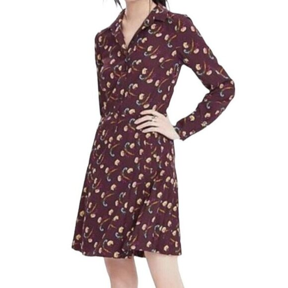 Banana Republic Purple Floral Long Sleeve Pleated Button Up Dress 0 Petite - Picture 1 of 9